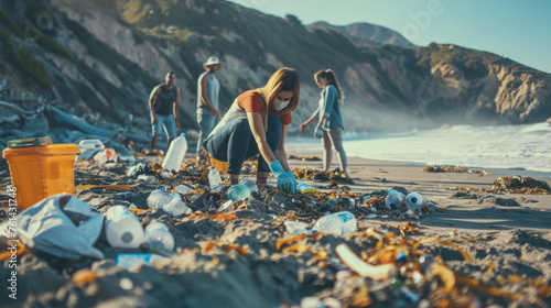 a group of people cleaning up trash on the beach, expressing care and responsibility for the environment on Earth Day. photo