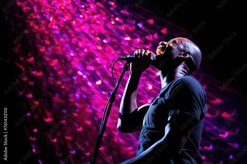 Passionate singer illuminated by vibrant pink lights, giving a soulful performance onstage. Passionate singer illuminated by vibrant pink lights, giving a soulful performance onstage.