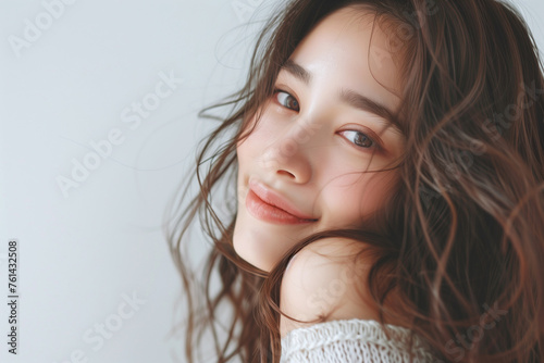 Portrait of beautiful Asian teenager in korean style makeup on white background. Copy space