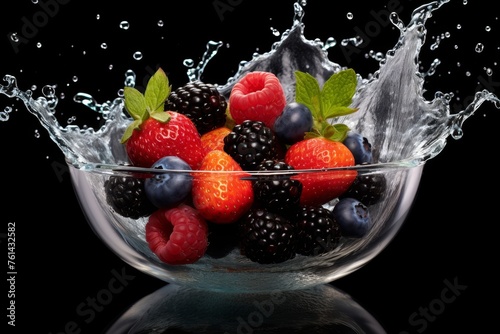 Freshly picked ripe wild berries gently falling into a glass bowl filled with refreshing water