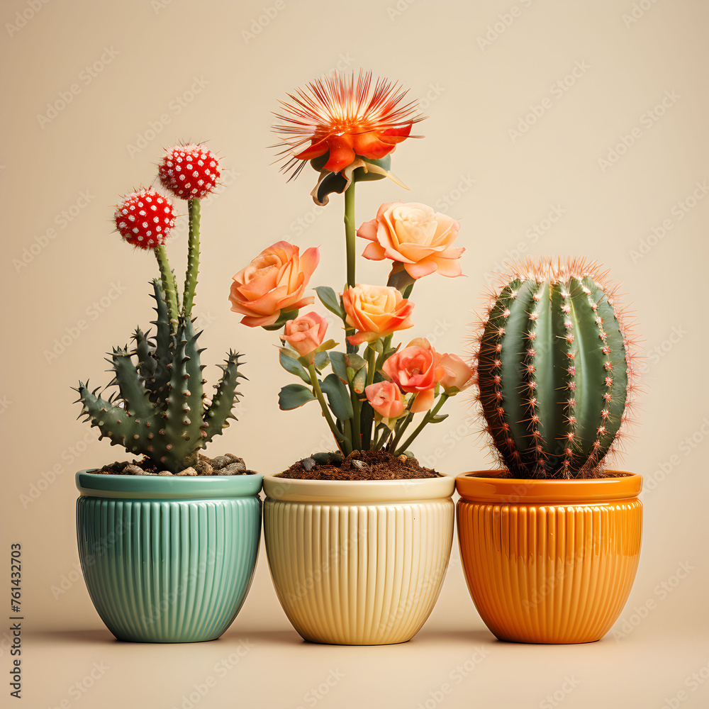 cactus and flowers Arranged in three colorful vases. The arrangement gives a warm feeling.Generative AI