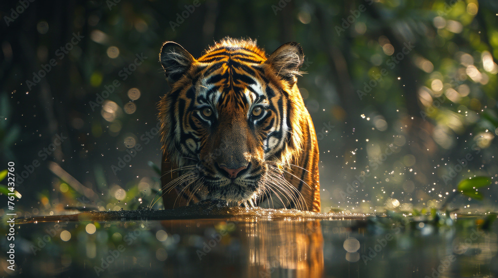 Tiger stands amongst the eerie moss-draped Sundarbans mangrove forest. Tiger look at the camera. Green background.