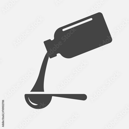 Medicine syrup in spoon icon. Bottle pouring syrup. Liquid medicine. Vector illustration