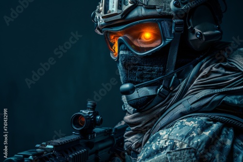 Special forces operator in tactical gear with night vision goggles holding a rifle © Georgii