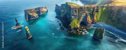 Aerial view of Reynisdrangar sea stacks