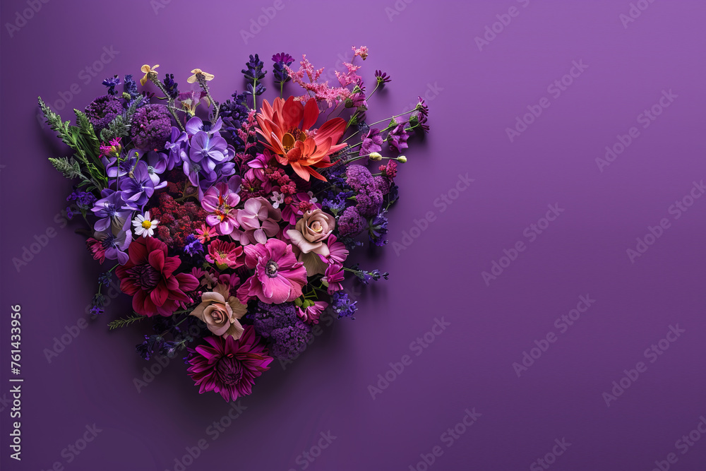 Heart shaped flower bouquet. Purple background. Space for text. Happy Mother's day. St. Valentine day.