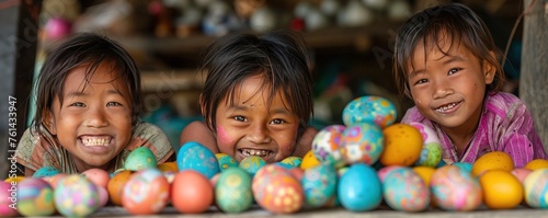 Children play with colored eggs.