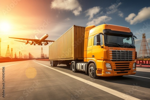 Global business logistics cargo ship, plane, truck at international port for imports exports