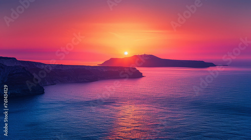 The golden sunset displaying a charming silhouette of rocks in the sea. Orange and pink gradients. Sunset background.