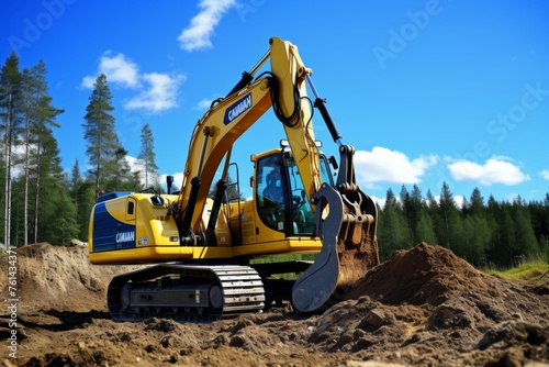 Excavator machinery digging soil under a clear blue sky at a bustling construction site