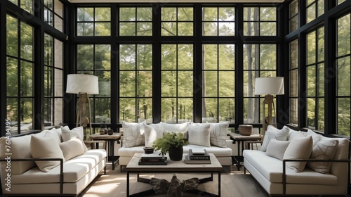 Sunroom with off-white plush upholstery and black metal framed windows.