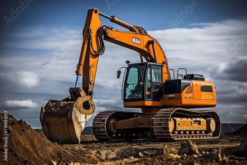Excavator machinery digging soil under the sunny blue sky during construction work on a clear day