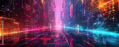 geometric shapes and structures in colorful neon colors and lights in cyberspace against dark background