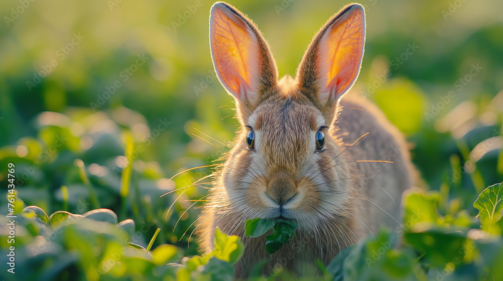 Fototapeta premium A hare is having breakfast on a beautiful summer morning.