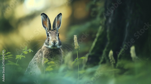 A hare is having breakfast on a beautiful summer morning.