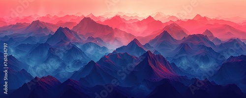 Illustration of abstract mountain range background with red and blue colors. Risograph style © Svitlana
