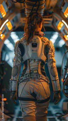 full body of woman in spacesuit standing in illuminated corridor of modern spacecraft and looking at wall