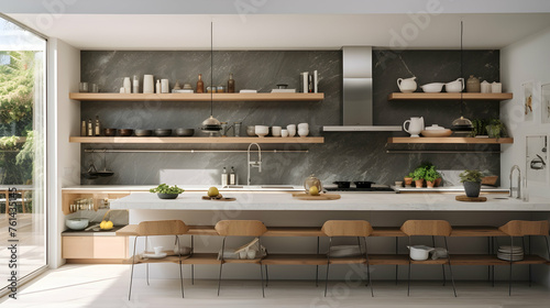 Open-concept modern kitchen with floating shelves,