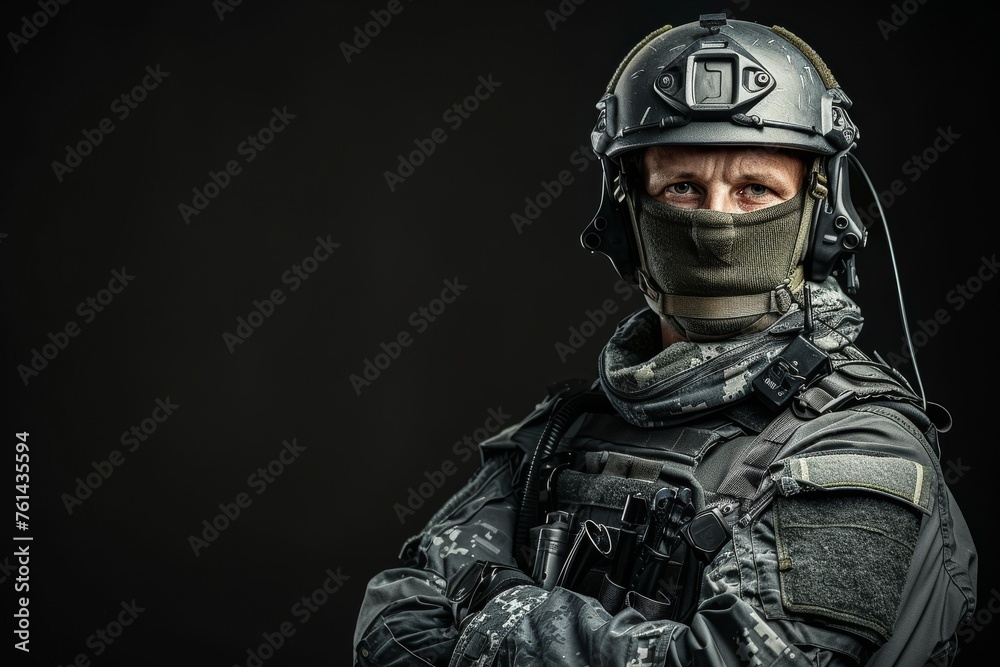 Confident SWAT team member posing in tactical gear against a dark background Confident SWAT team member posing in tactical gear against a dark background