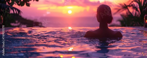 Serene woman enjoying a spa pool at twilight.