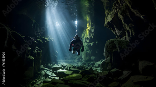 Underwater exploration in a mysterious cave system