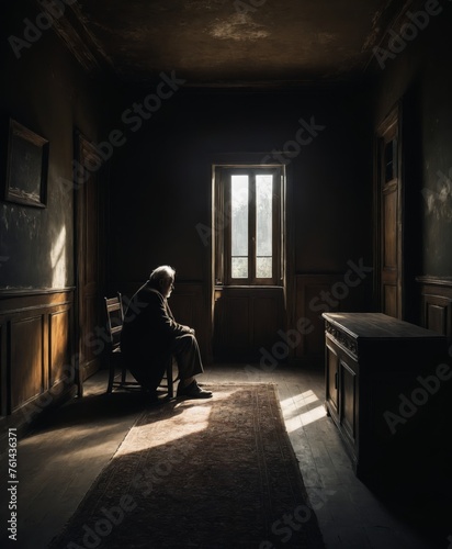 An old man sitting alone in his mysterious, shadowy residence, 