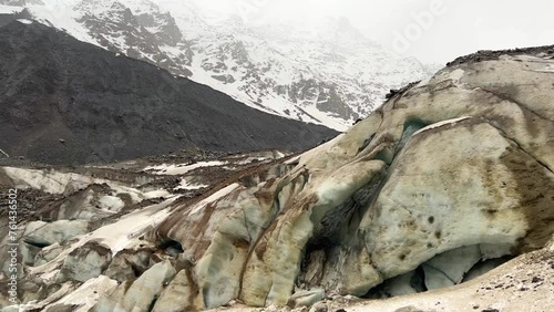 The Tseysky glacier, one of the largest in the Caucasus. The glacier is located in the Tsey Gorge. The valley glacier is fed by the snows of the northern part of Mount Adai-Hoh. 4К photo