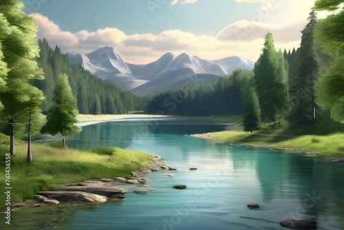 A beautiful natural landscape in the forest with a lake flowing amidst the forest and trees. seamless looping time-lapse virtual video animation background. Generative AI