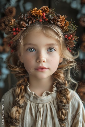 Portrait of a blonde beautiful girl with a wreath on her head