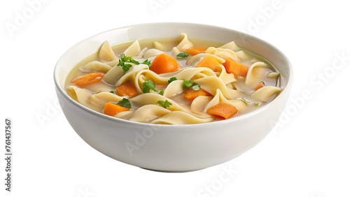 White bowl of chicken noodle. isolated on transparent background.