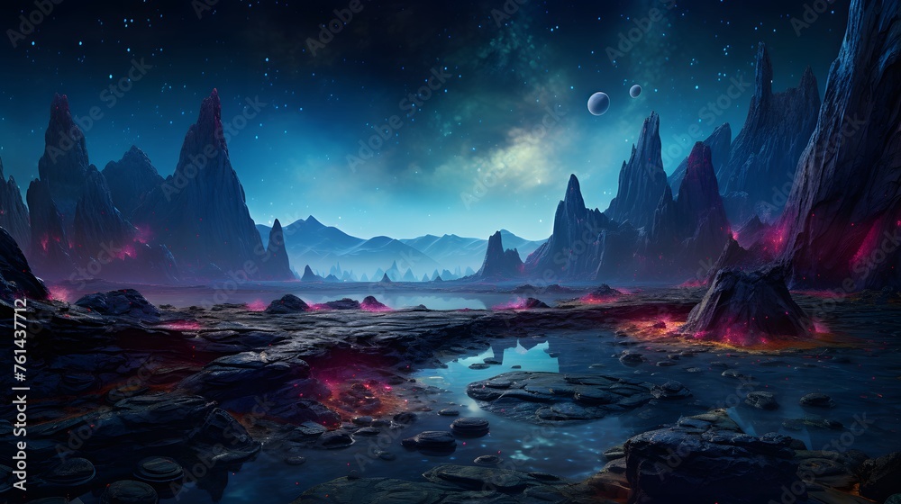 An alien landscape with bioluminescent flora, strange rock formations, and an otherworldly sky.