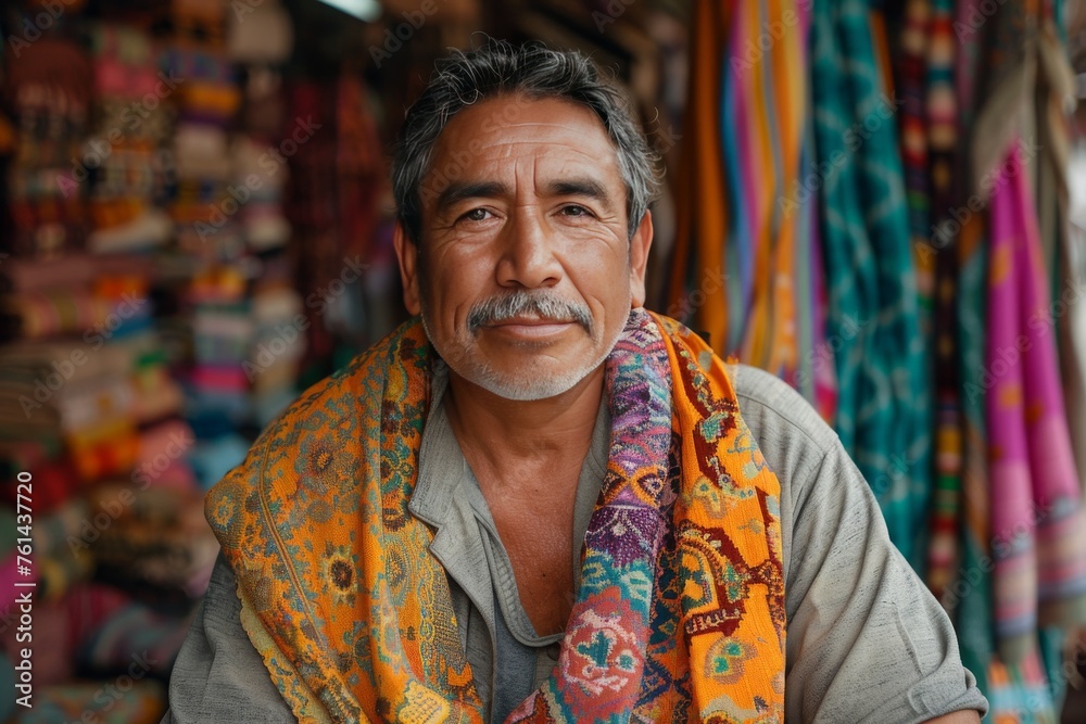 Hispanic man fabric seller at market, selective focus