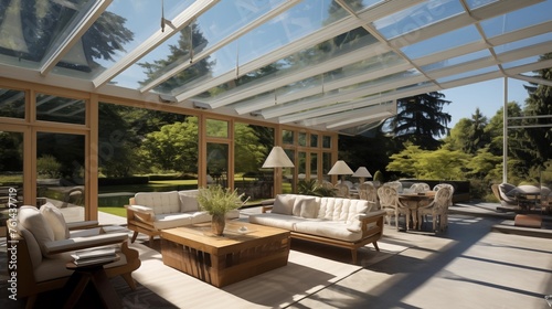 Sunroom with retractable glass walls for indoor-outdoor living. © Aeman