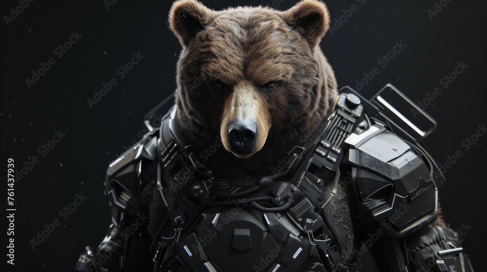 A conceptual portrayal of a bear equipped with a modern camouflage tactical vest, merging wildlife with military imagery. - obrazy, fototapety, plakaty 