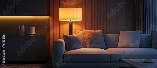 A cozy living room in a building with hardwood flooring, featuring a comfortable couch and a stylish lamp providing warm lighting at night