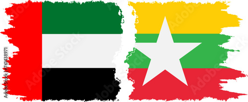 Myanmar and United Arab Emirates grunge flags connection vector