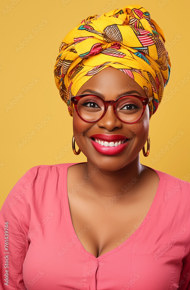 Joyful Expression: Stylish Woman in Vibrant Headwrap Joyful Expression: Stylish Woman in Vibrant Headwrap