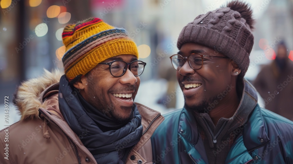 Two men sharing a moment of friendship, one in a wheelchair, in an urban setting in winter