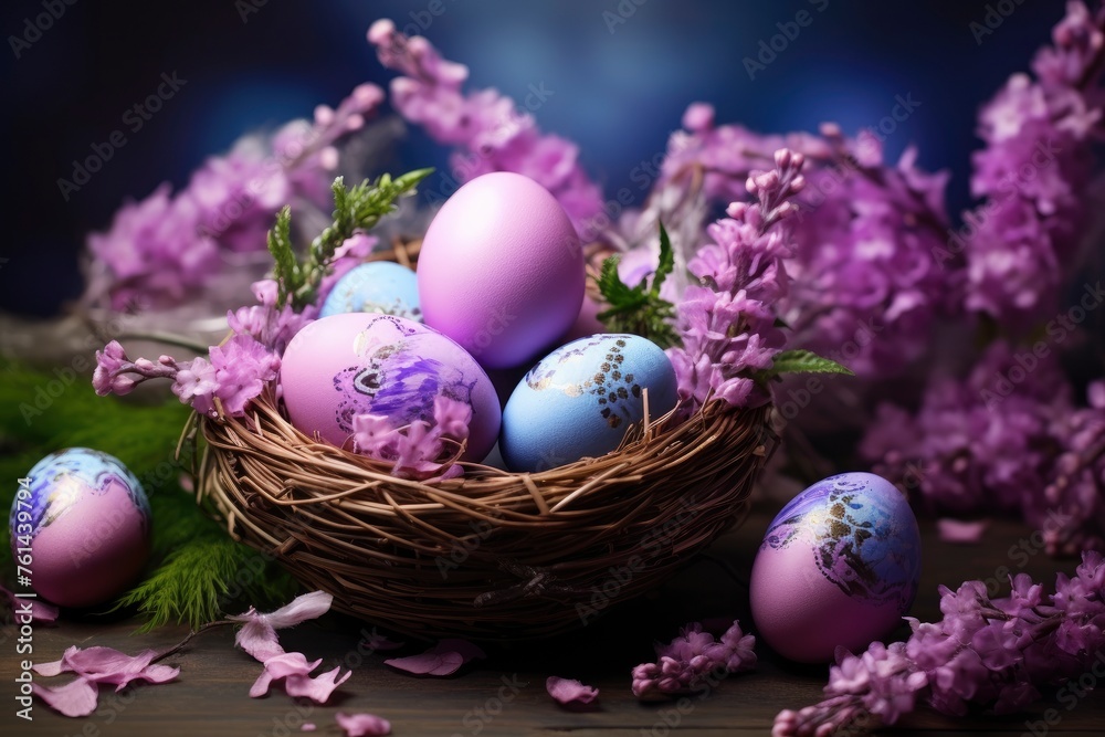 Fototapeta Happy Easter. Congratulatory easter background. Easter eggs and flowers - generative ai