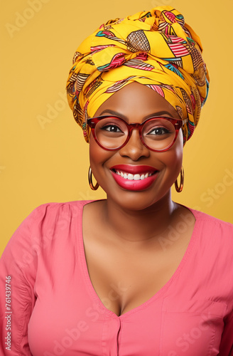 Joyful Expression: Stylish Woman in Vibrant Headwrap