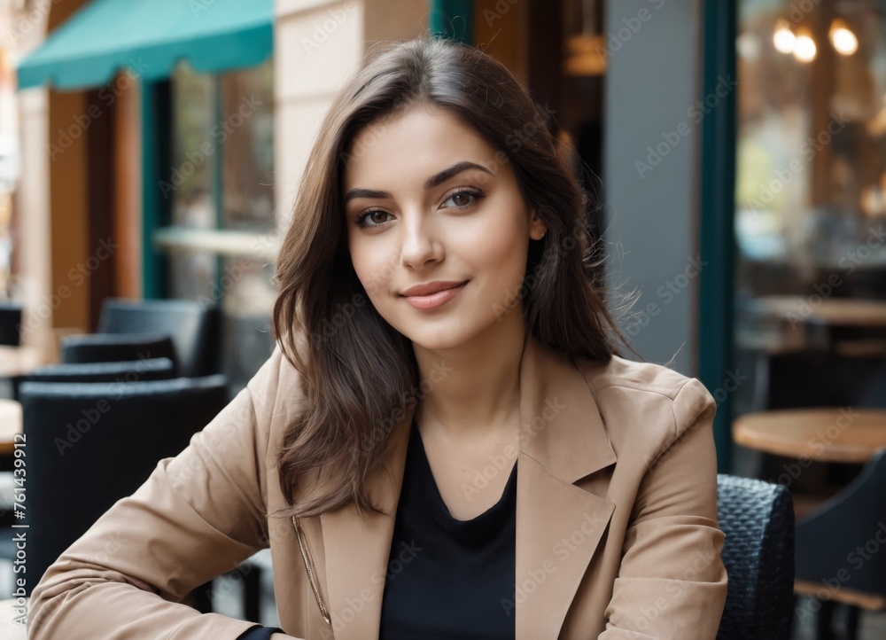 Portrait of a beautiful young brunette woman in a brown jacket sits on the background of a cafe.