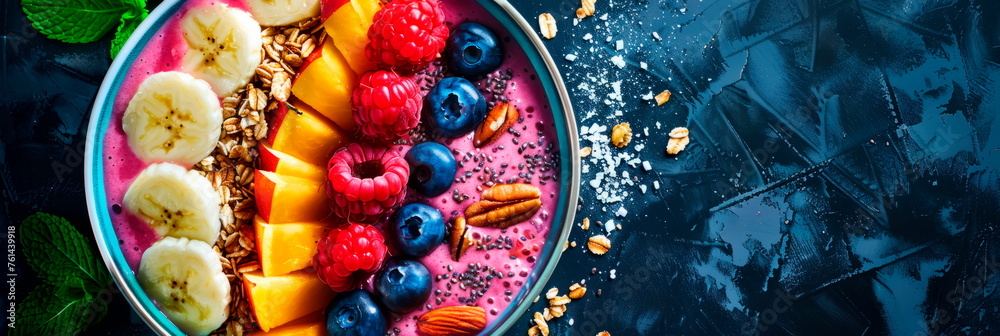 colorful smoothie bowl, topped with fresh fruit, nuts, and seeds, showcasing the vibrant colors and textures of the nutritious breakfast option. Generative AI