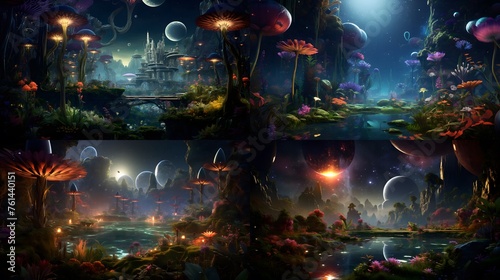 A cosmic garden with floating islands of diverse flora, orbiting a radiant star. © pipo