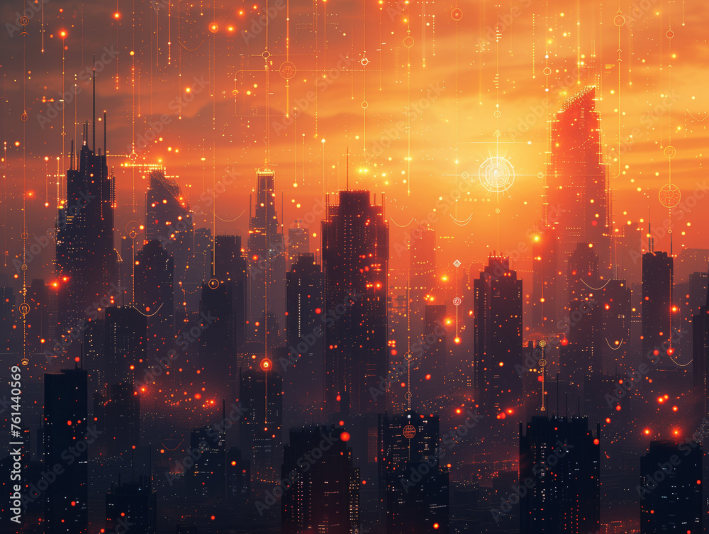 A cityscape with a glowing sun in the background A cityscape with a glowing sun in the background