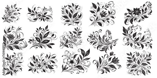 hand draw of beautiful floral ornament black leaves. Contour Flower leaf set element vector