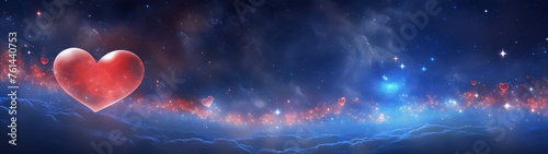 Fantasy painting of red heart shaped hot air balloon floating above clouds towards a bright light in a starry night sky.