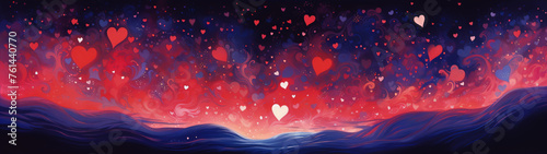 Fantasy landscape painting of a red heart shaped nebula in space with blue and purple hues.
