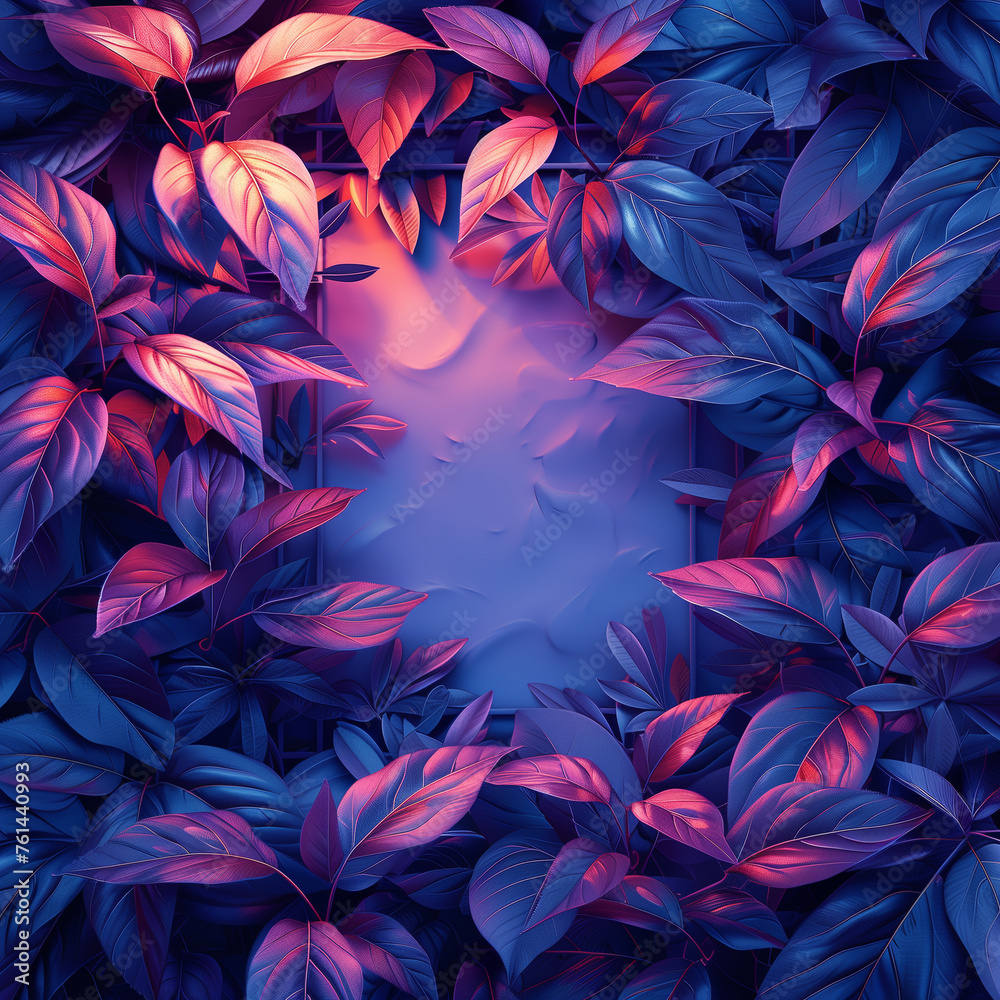 A blue and purple background with a frame of leaves