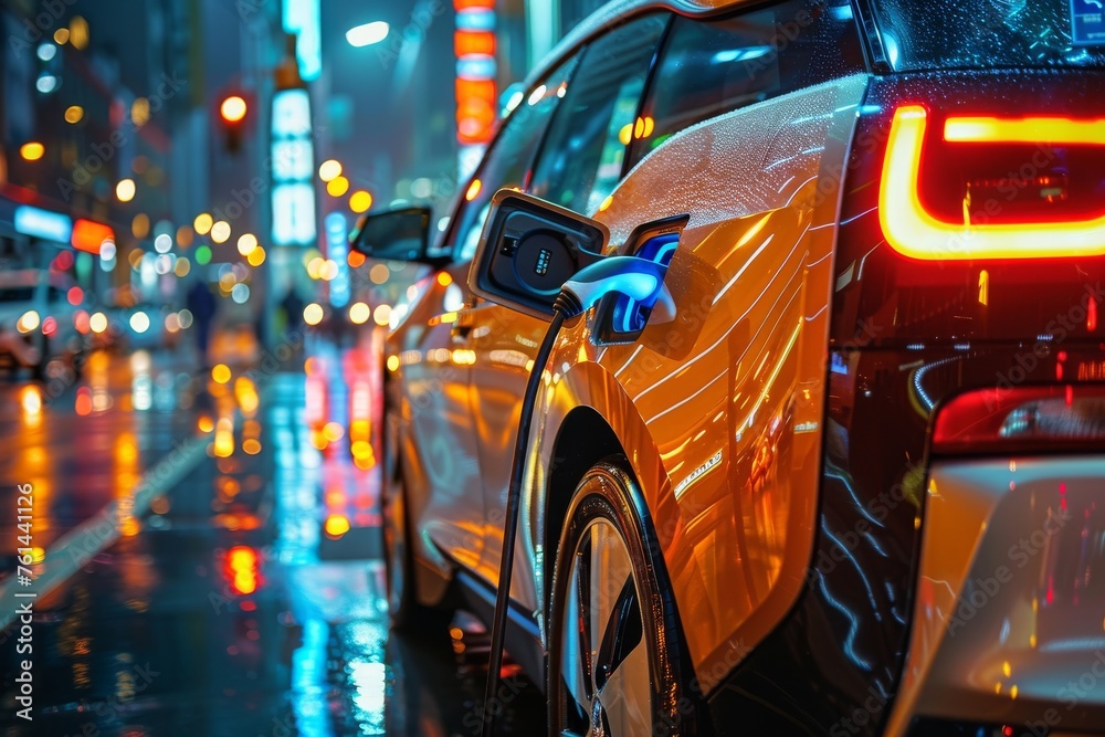 Orange modern electric car charging, rear view