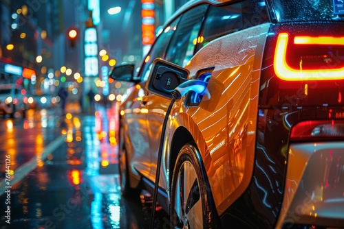 Orange modern electric car charging, rear view © Tetiana Kasatkina